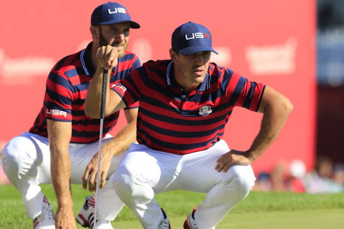 Dustin Johnson (left) and Brooks Koepka wore the red, white and blue for American golf in 2016, but it was at the Ryder Cup and not the Olympic Games.